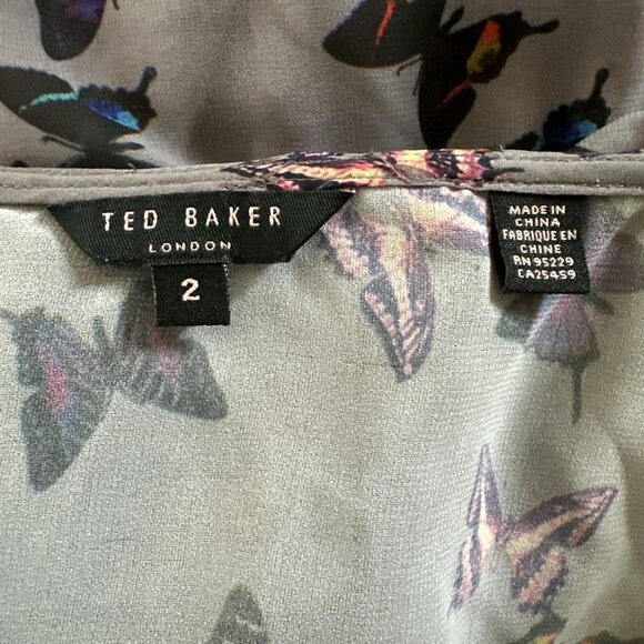 TED BAKER Sz 2 Small Purple Butterflies Ruffle Blouse 3/4 Sleeve Sheer Whimsical - Picture 11 of 13